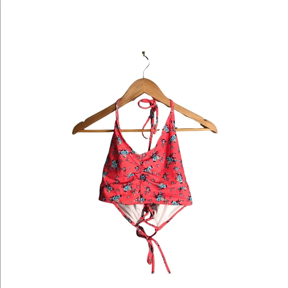 Cupshe | Pink Floral Tankini Bikini Top lace Up back halter tie bikini top • - Picture 1 of 7